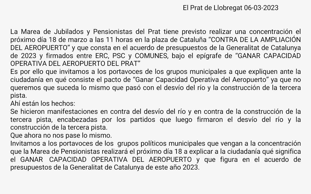 La Marea de pensionistes convoca un acto contra la ampliación del Aeropuerto