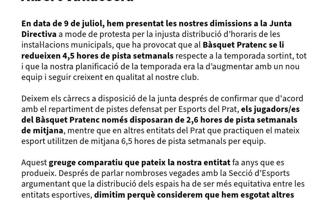 Dimissions en el Club Bàsquet Pratenc per la Distribució d’Horaris