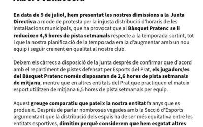 Dimissions en el Club Bàsquet Pratenc per la Distribució d’Horaris