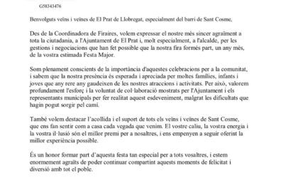 La Coordinadora d’Industrials Firaires Agraeix el Suport rebut