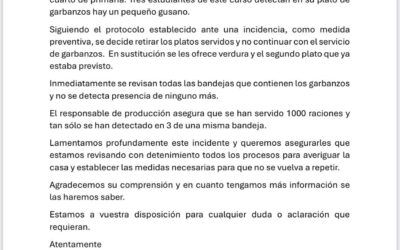 Troben cucs en els cigrons del menjador escolar de l’Escola Ramon Llull del Prat