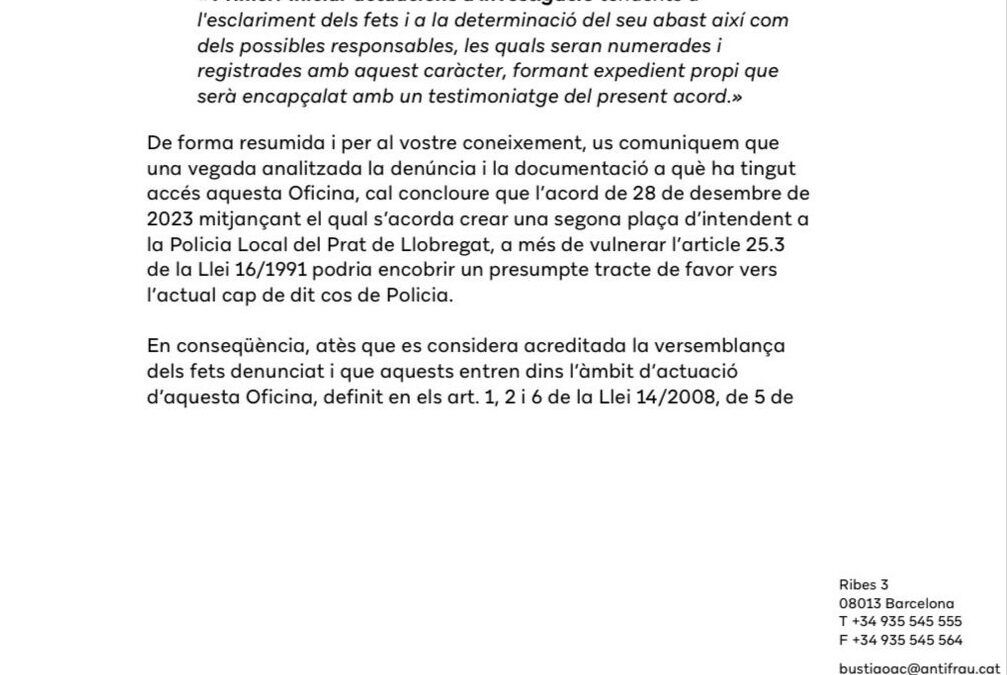 Investiguen possibles irregularitats en la creació d’una plaça d’Intendent a El Prat