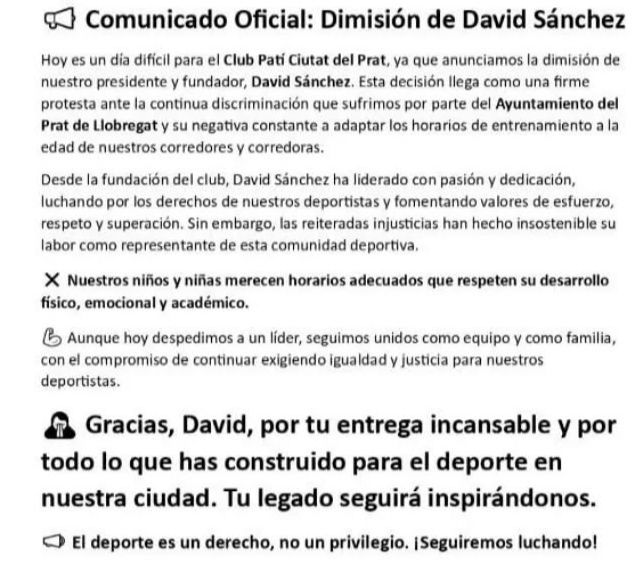 Segona dimissió per conflictes en la gestió d’horaris esportius: David Sánchez abandona el Club Patí Ciutat del Prat