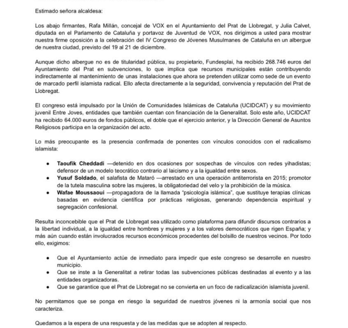 VOX expressa la seva oposició al IV Congrés de Joves Musulmans de Catalunya al Prat de Llobregat