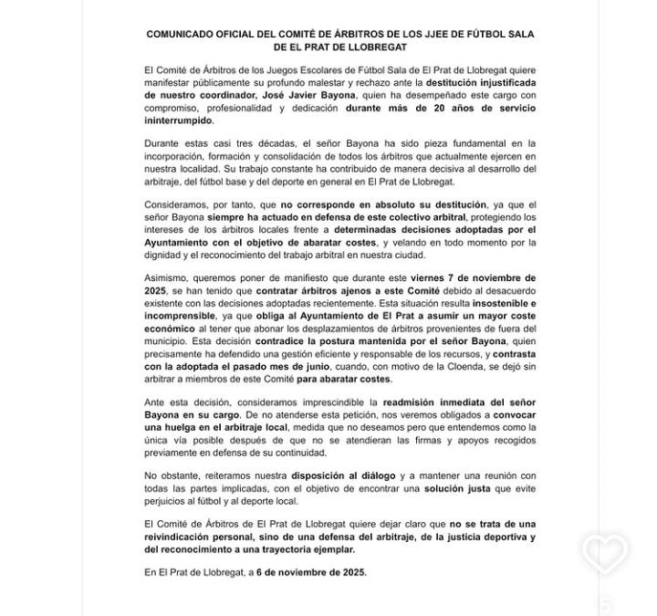 Vaga d’àrbitres als Jocs Escolars de Futbol Sala d’El Prat per la destitució del coordinador