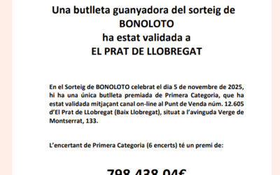Una butlleta guanyadora de BonoLoto validada a El Prat de Llobregat