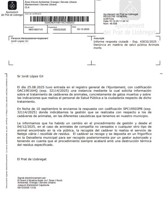 L’Ajuntament del Prat revisa el protocol de gestió de cadàvers d’animals arran d’una denúncia ciutadana