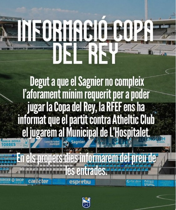 L’AE Prat es veu obligada a traslladar la seva cita històrica contra l’Athletic Club a L’Hospitalet